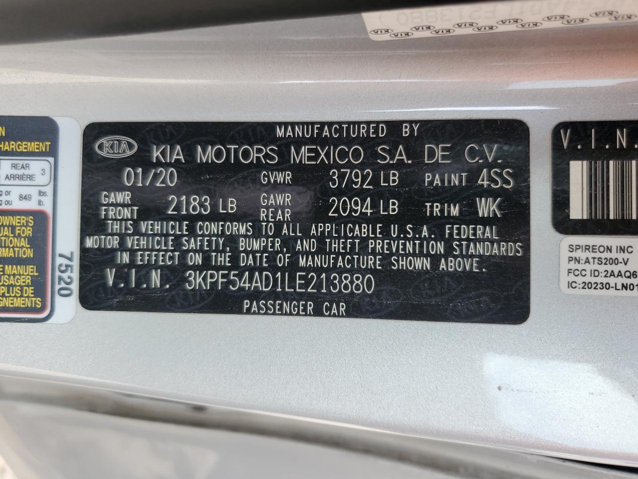 2020 Kia Forte Ex VIN: 3KPF54AD1LE213880 Lot: 87002505