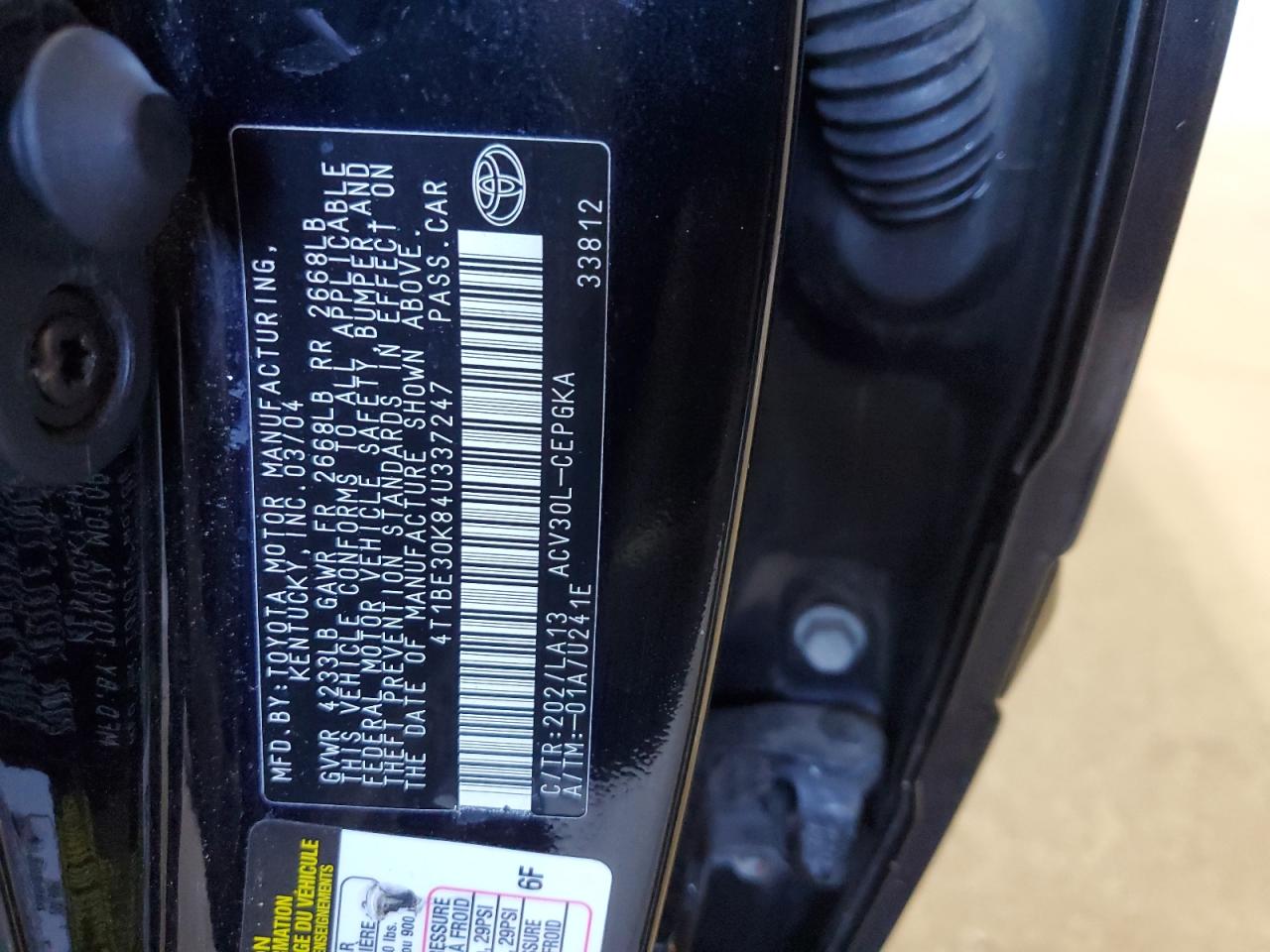 2004 Toyota Camry Le VIN: 4T1BE30K84U337247 Lot: 84972165