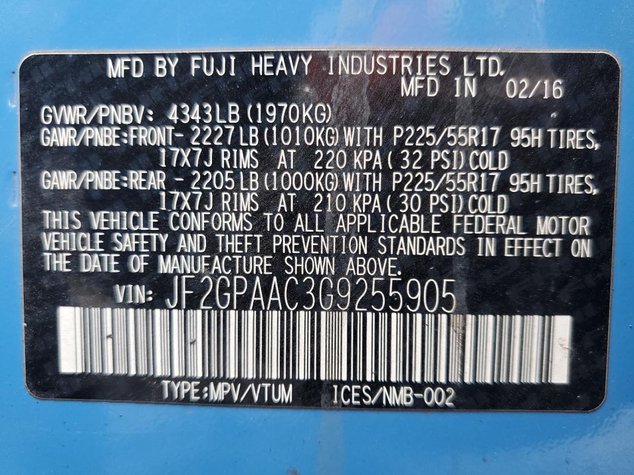 2016 Subaru Crosstrek VIN: JF2GPAAC3G9255905 Lot: 86109425