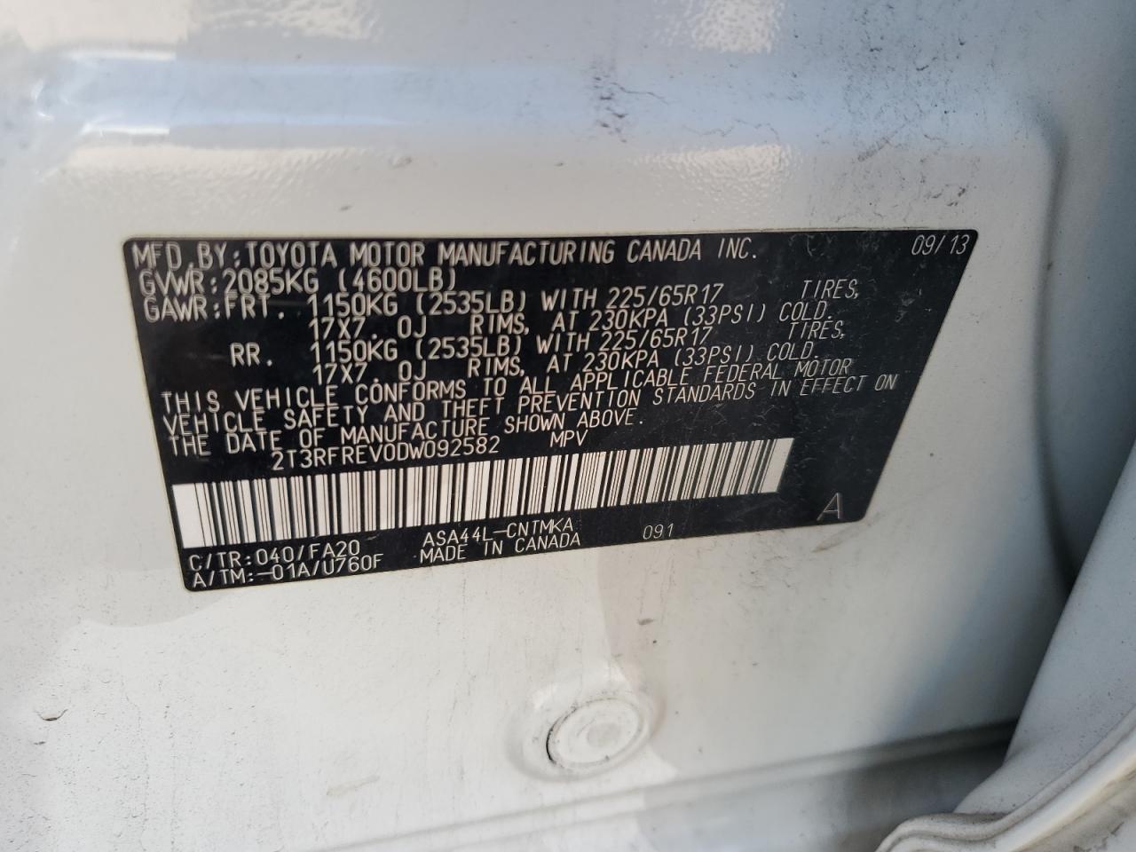 2013 Toyota Rav4 Xle VIN: 2T3RFREV0DW092582 Lot: 82251675