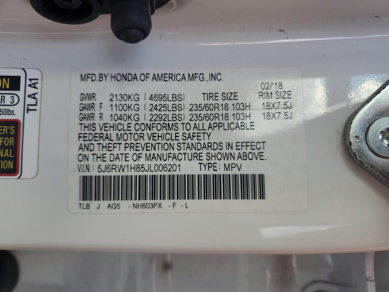 2018 Honda Cr-V Exl VIN: 5J6RW1H85JL006201 Lot: 89558235