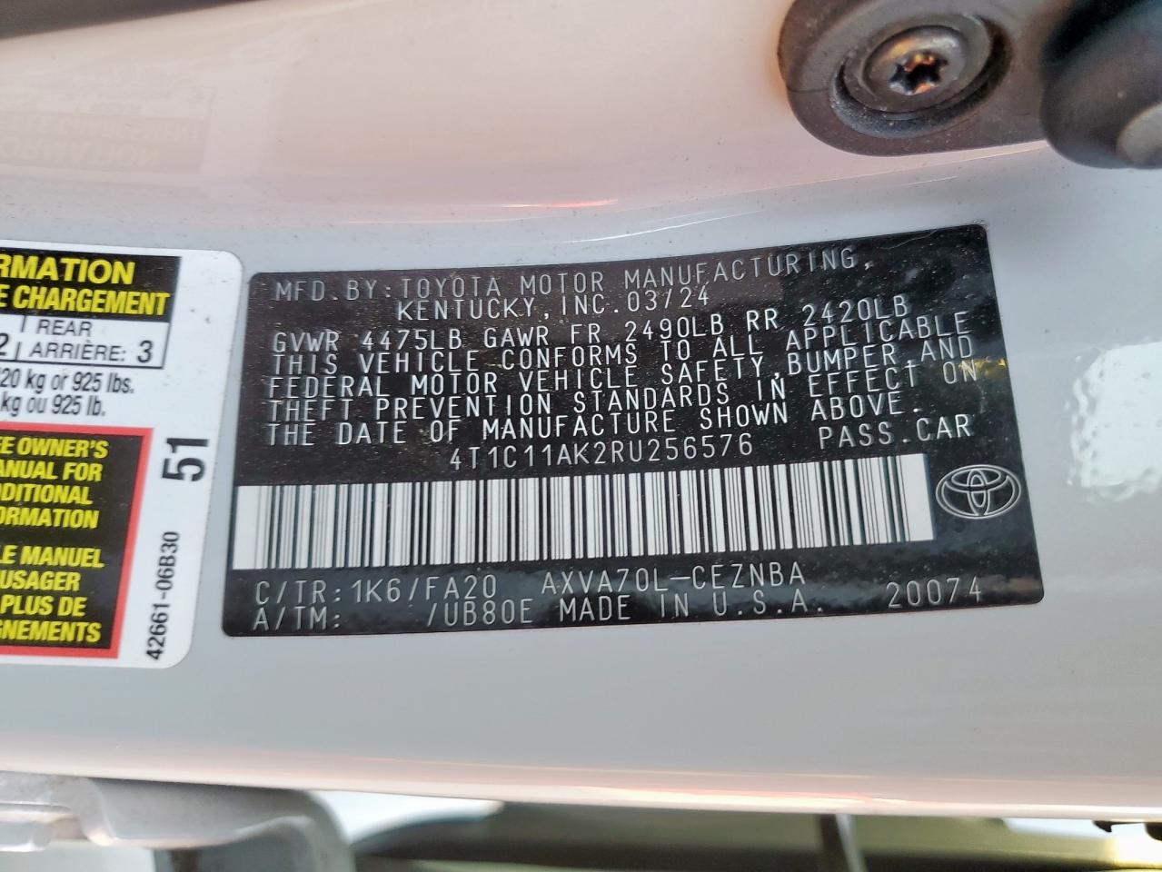 2024 Toyota Camry Le VIN: 4T1C11AK2RU256576 Lot: 86149885