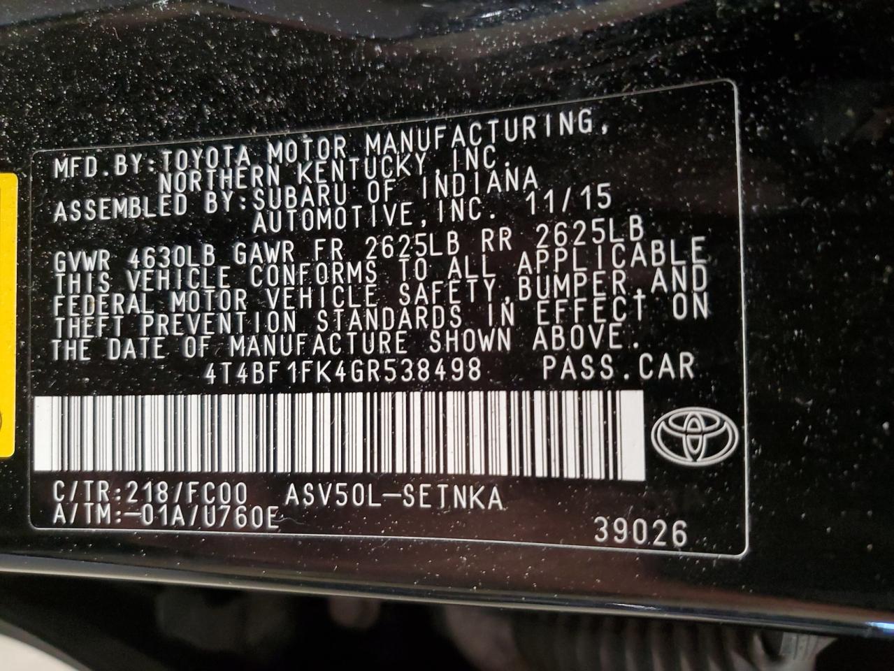 2016 Toyota Camry Le VIN: 4T4BF1FK4GR538498 Lot: 86121205