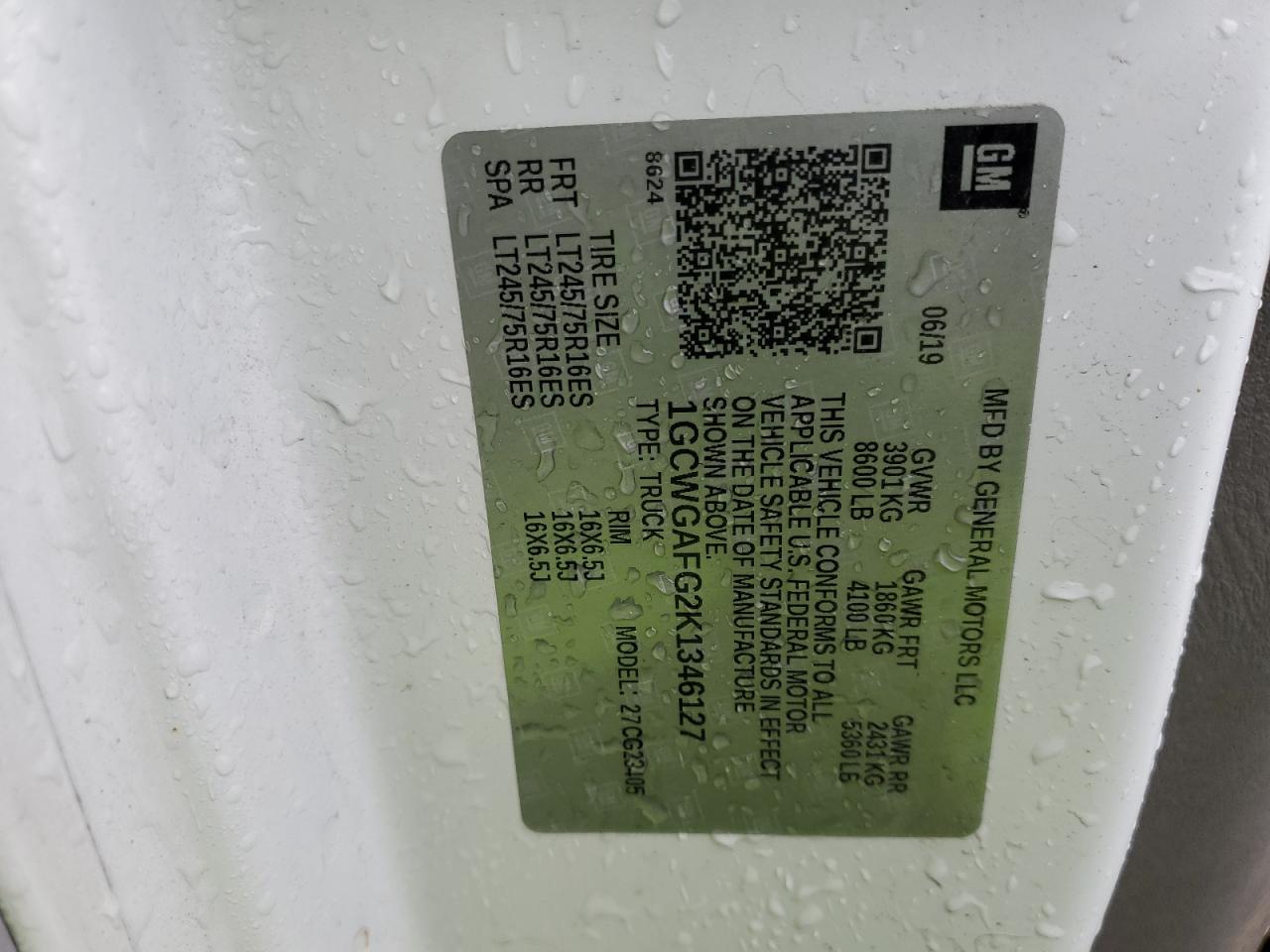 2019 Chevrolet Express G2500 VIN: 1GCWGAFG2K1346127 Lot: 85516175