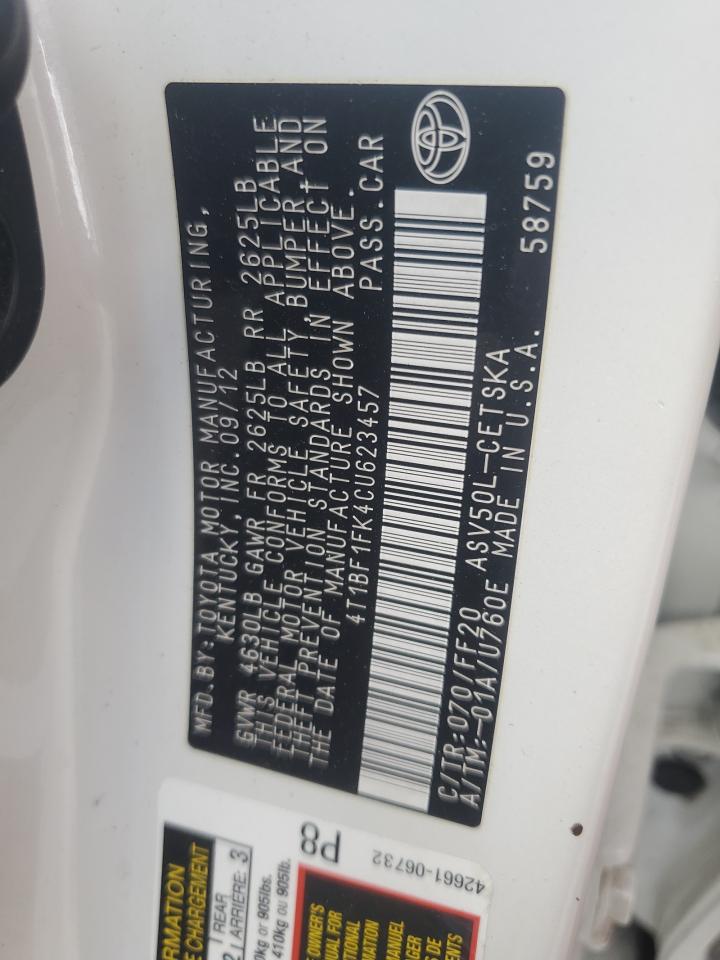 2012 Toyota Camry Base VIN: 4T1BF1FK4CU623457 Lot: 86292605