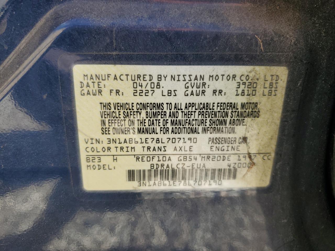 2008 Nissan Sentra 2.0 VIN: 3N1AB61E78L707190 Lot: 86844445