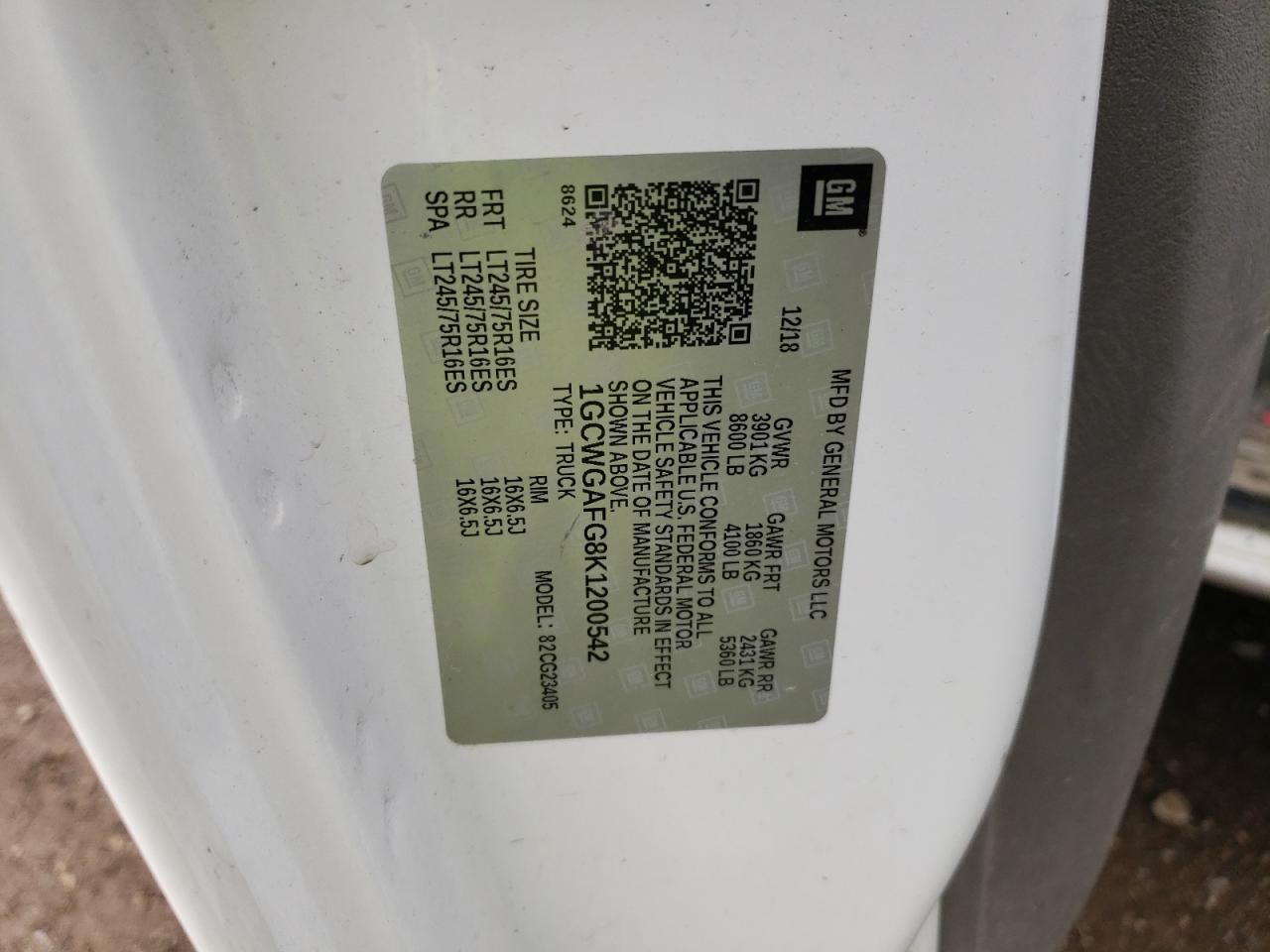 2019 Chevrolet Express G2500 VIN: 1GCWGAFG8K1200542 Lot: 82280135