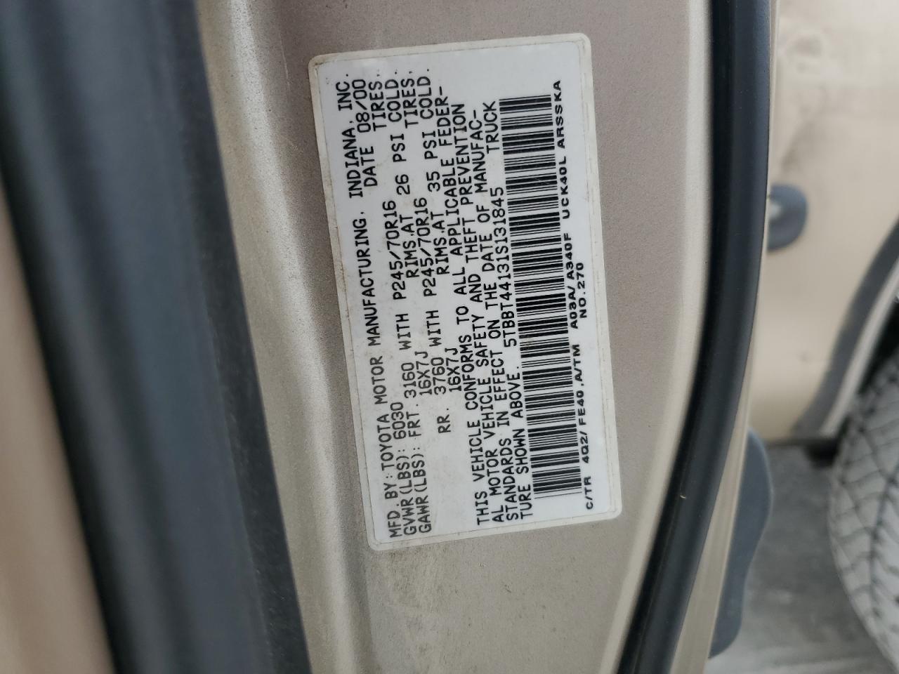 2001 Toyota Tundra Access Cab VIN: 5TBBT44131S131845 Lot: 82314305