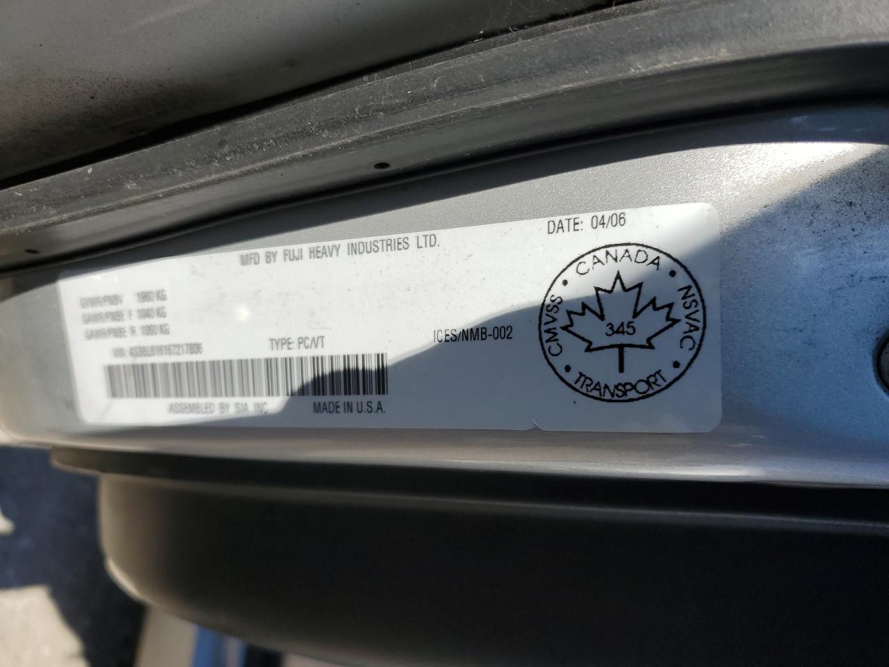 2006 Subaru Legacy 2.5I VIN: 4S3BL616167217806 Lot: 87230735