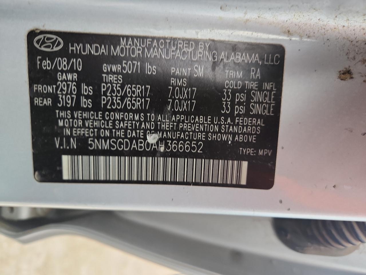 2010 Hyundai Santa Fe Gls VIN: 5NMSGDAB0AH366652 Lot: 82226165