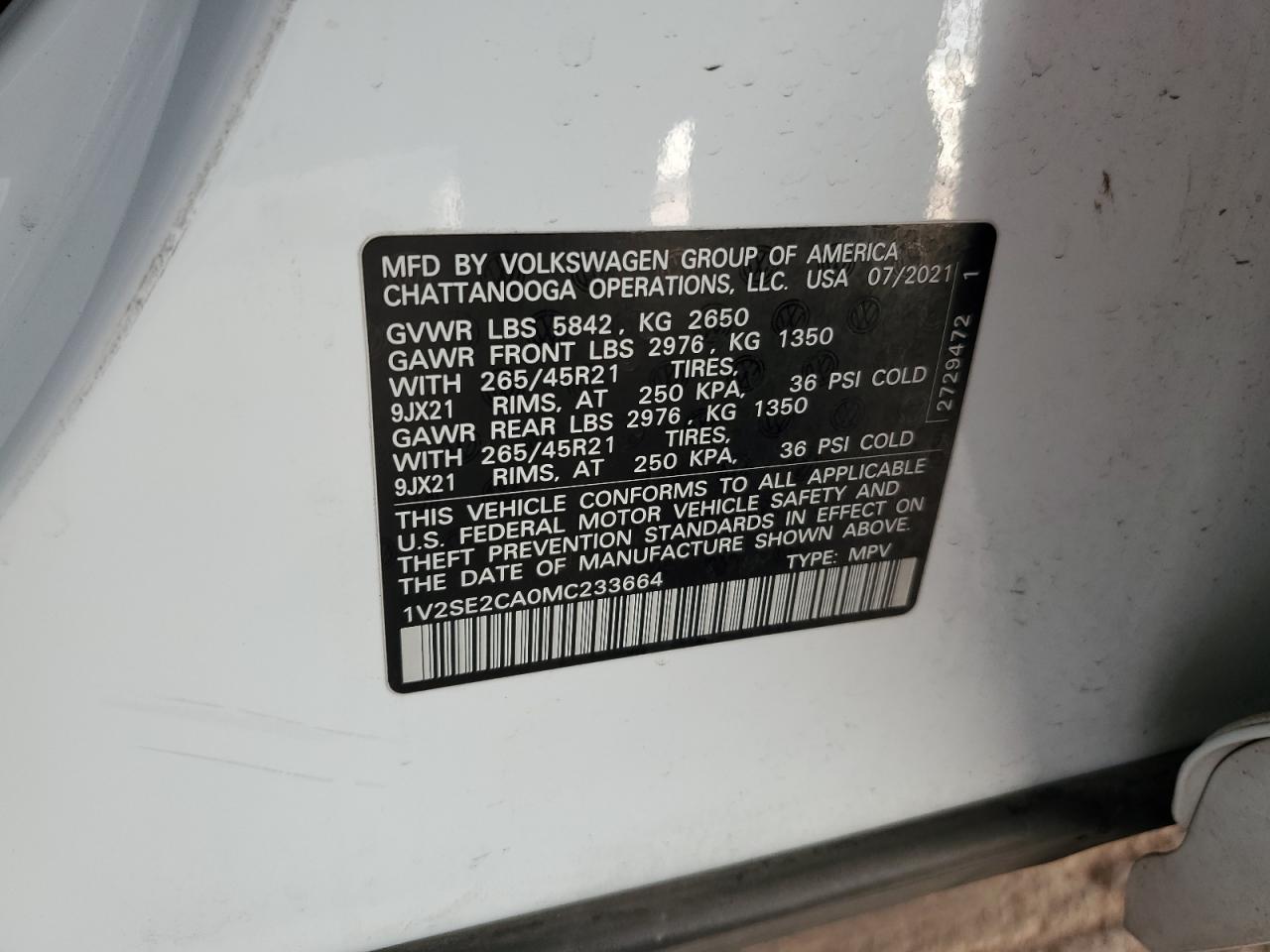 2021 Volkswagen Atlas Cross Sport Sel R-Line VIN: 1V2SE2CA0MC233664 Lot: 85917185