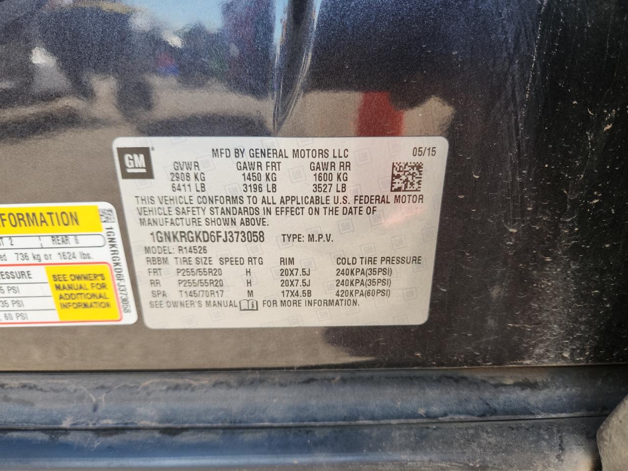 2015 Chevrolet Traverse Lt VIN: 1GNKRGKD6FJ373058 Lot: 84069135