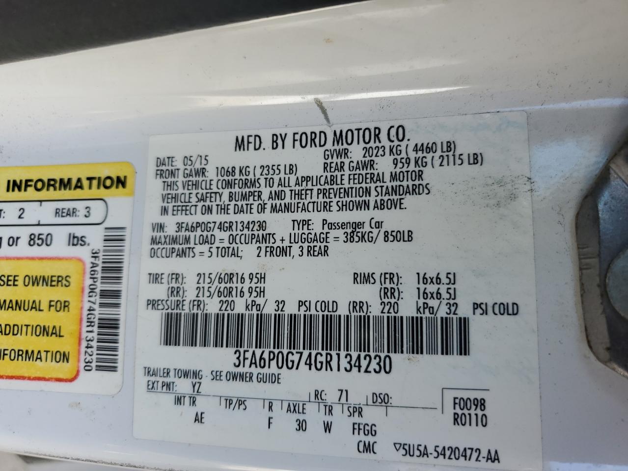 2016 Ford Fusion S VIN: 3FA6P0G74GR134230 Lot: 82576955