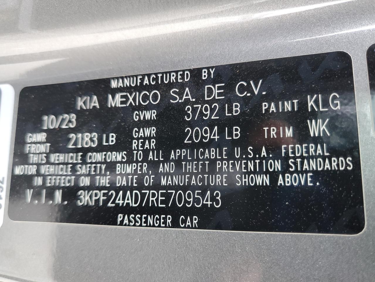 2024 Kia Forte Lx VIN: 3KPF24AD7RE709543 Lot: 82279955