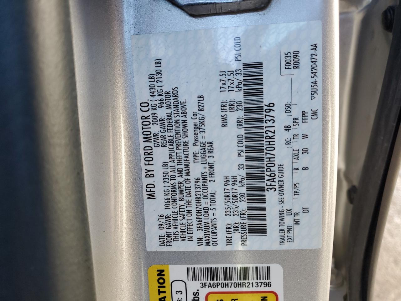 2017 Ford Fusion Se VIN: 3FA6P0H70HR213796 Lot: 82653615