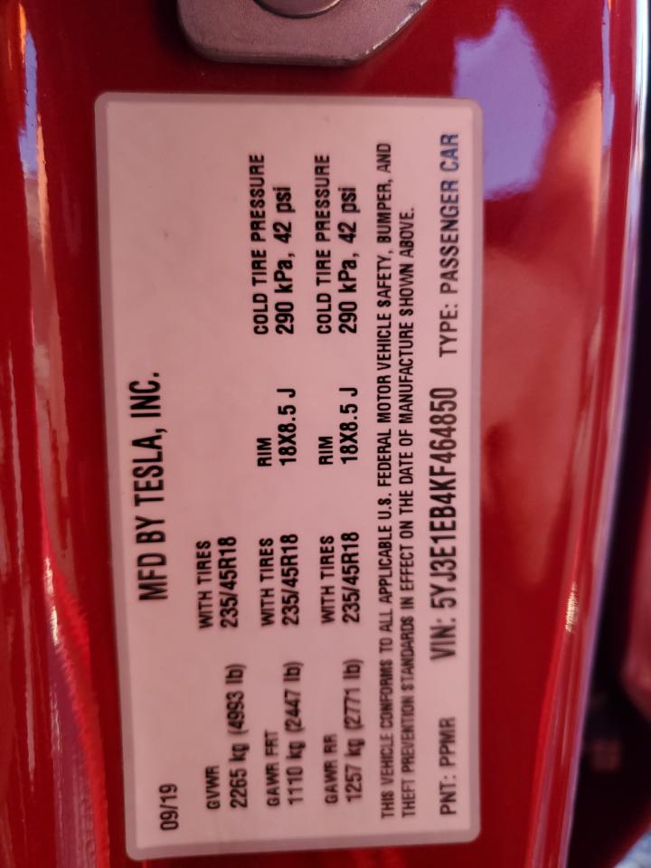 2019 Tesla Model 3 VIN: 5YJ3E1EB4KF464850 Lot: 82259445