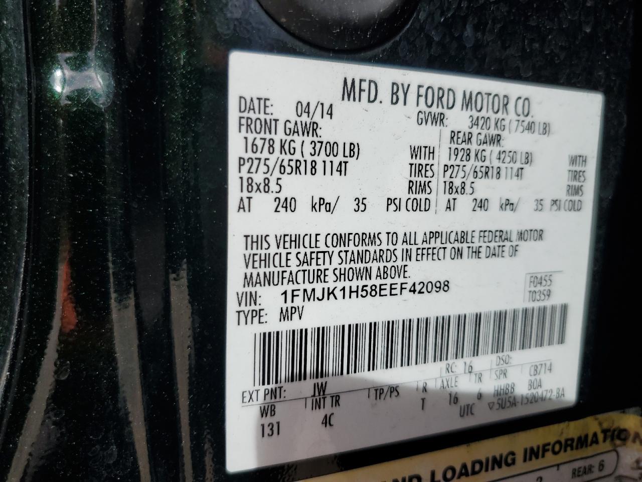 2014 Ford Expedition El Xlt VIN: 1FMJK1H58EEF42098 Lot: 85361425