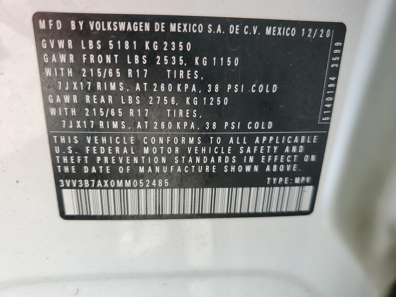 2021 Volkswagen Tiguan Se VIN: 3VV3B7AX0MM052485 Lot: 84913655