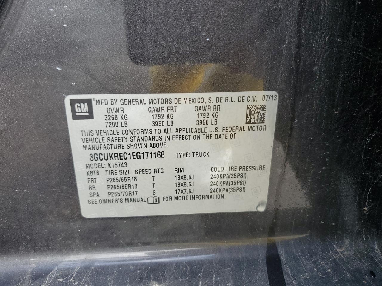 2014 Chevrolet Silverado K1500 Lt VIN: 3GCUKREC1EG171166 Lot: 90290425