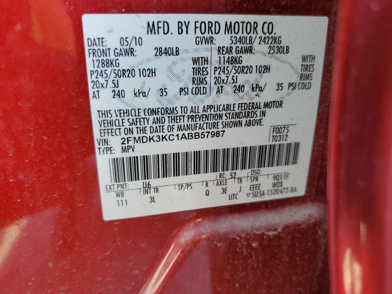 2010 Ford Edge Limited VIN: 2FMDK3KC1ABB57987 Lot: 82007675