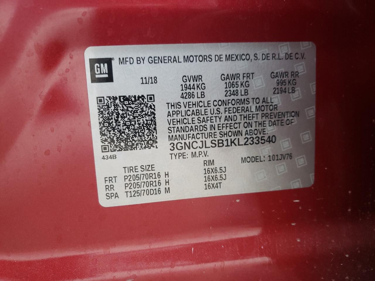 2019 Chevrolet Trax 1Lt VIN: 3GNCJLSB1KL233540 Lot: 86641885