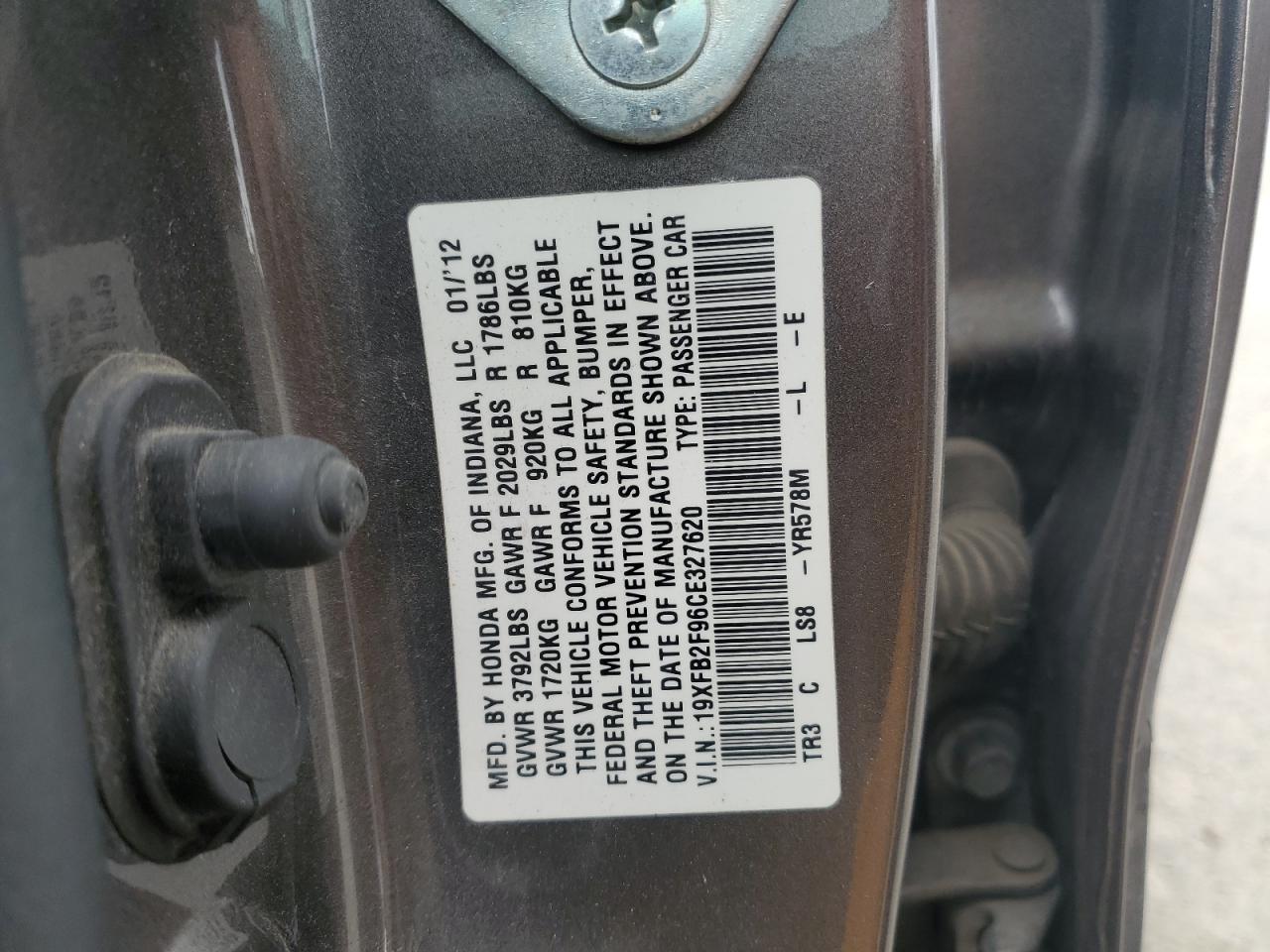 2012 Honda Civic Exl VIN: 19XFB2F96CE327620 Lot: 82007315
