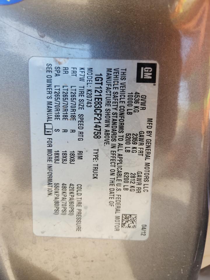 2012 GMC Sierra K2500 Slt VIN: 1GT121E83CF214758 Lot: 85864125