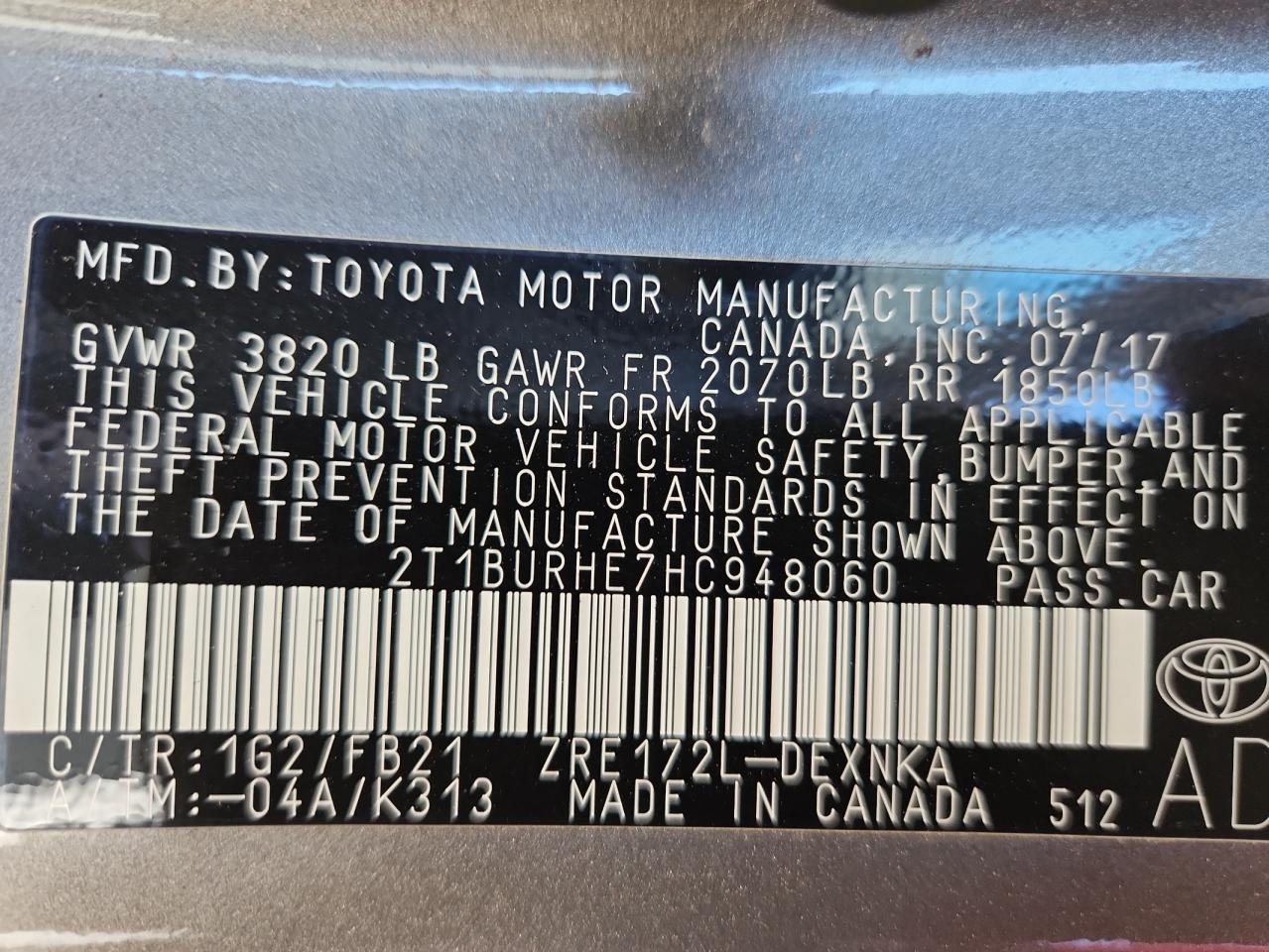 2017 Toyota Corolla L VIN: 2T1BURHE7HC948060 Lot: 85300365