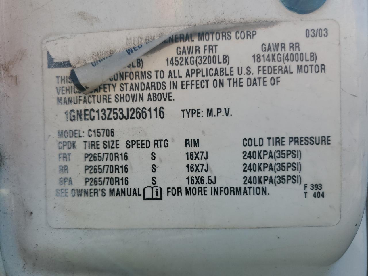 2003 Chevrolet Tahoe C1500 VIN: 1GNEC13Z53J266116 Lot: 82589095