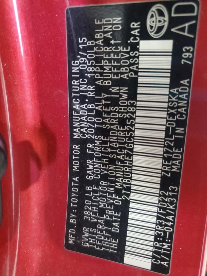 2016 Toyota Corolla L VIN: 2T1BURHE7GC525283 Lot: 84736225