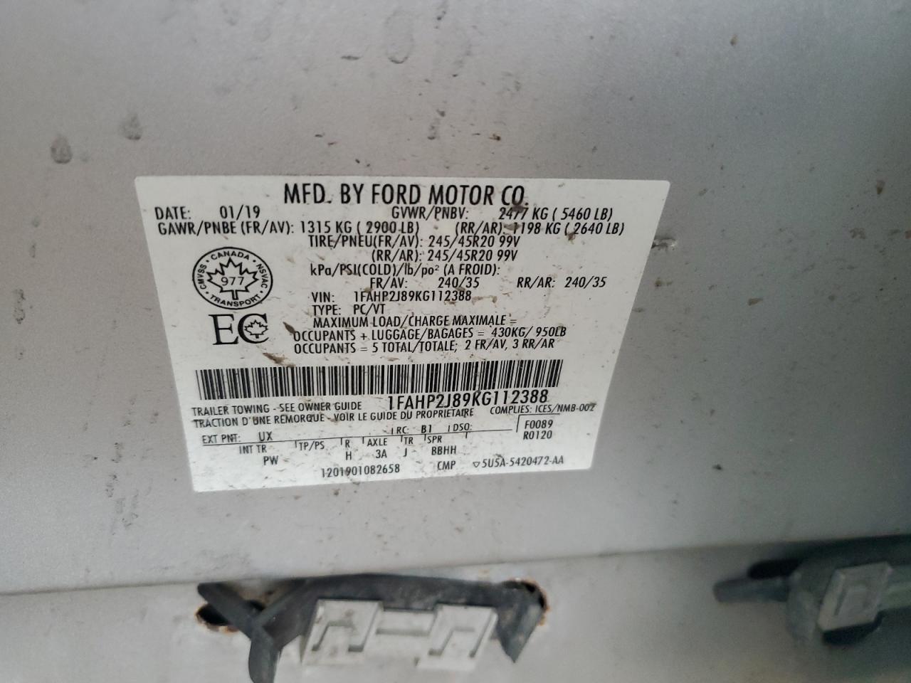 2019 Ford Taurus Limited VIN: 1FAHP2J89KG112388 Lot: 82265185