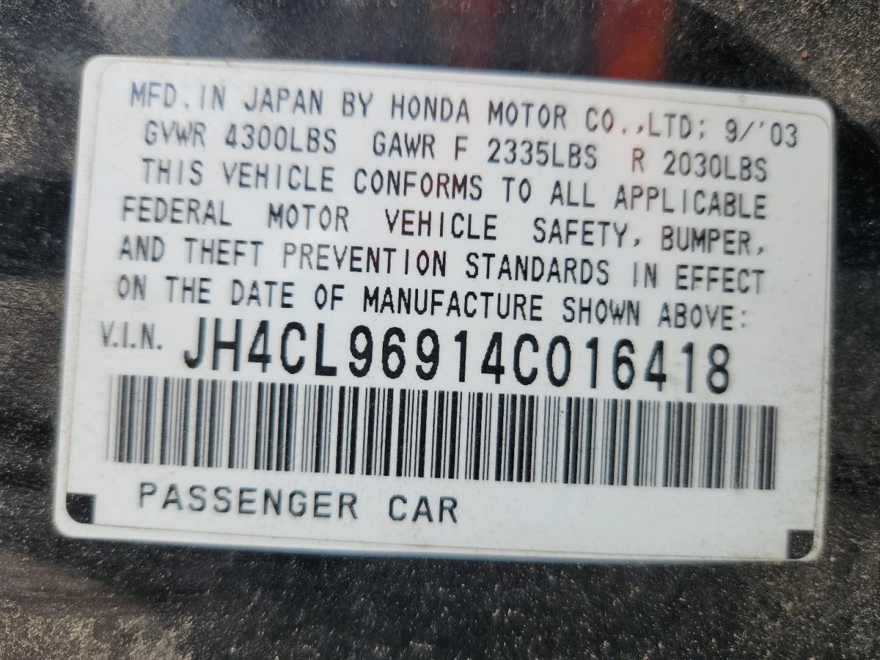 2004 Acura Tsx VIN: JH4CL96914C016418 Lot: 85728345