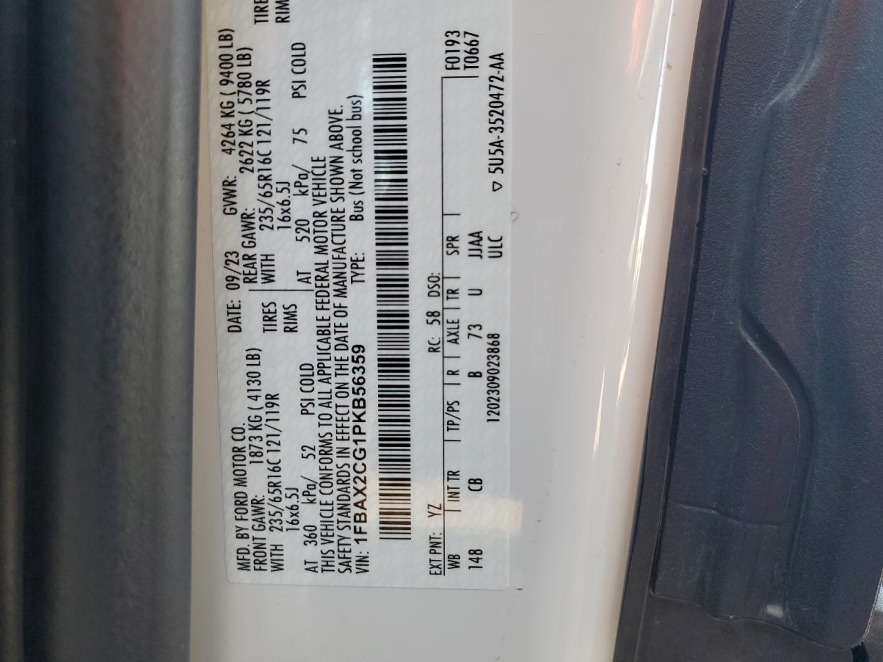 2023 Ford Transit T-350 VIN: 1FBAX2CG1PKB56359 Lot: 86230235