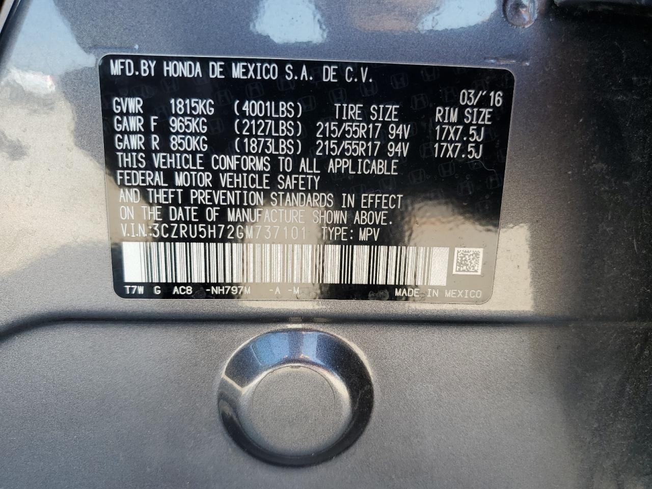 2016 Honda Hr-V Exl VIN: 3CZRU5H72GM737101 Lot: 84943445