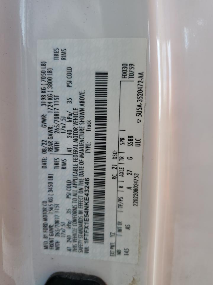 2022 Ford F150 Super Cab VIN: 1FTFX1E54NKE43246 Lot: 90244015