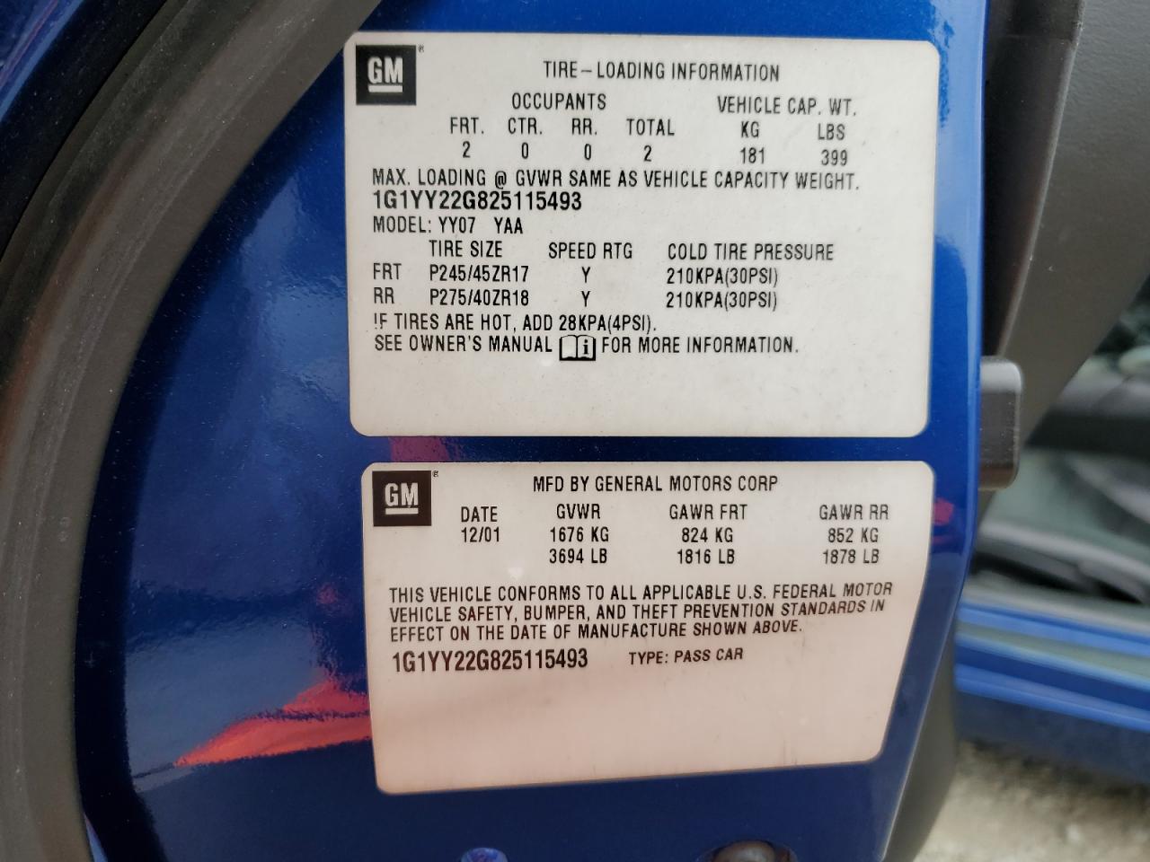 2002 Chevrolet Corvette VIN: 1G1YY22G825115493 Lot: 84062955