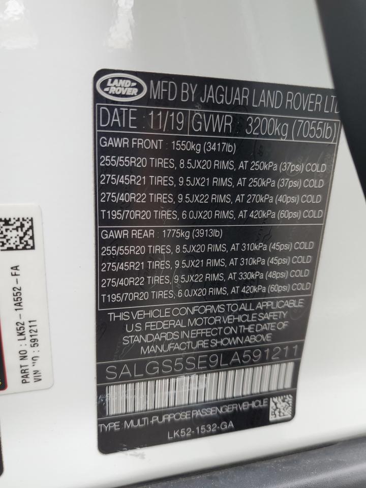 2020 Land Rover Range Rover P525 Hse VIN: SALGS5SE9LA591211 Lot: 90919045