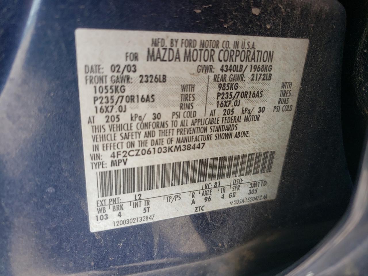 2003 Mazda Tribute Es VIN: 4F2CZ06103KM38447 Lot: 82524125