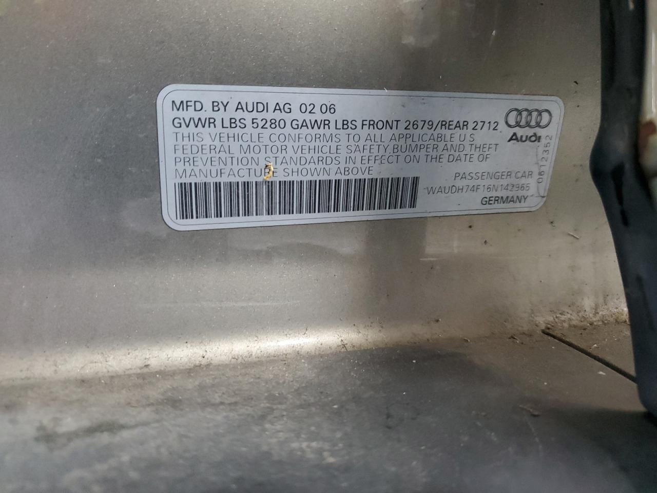 2006 Audi A6 3.2 Quattro VIN: WAUDH74F16N142965 Lot: 84958275