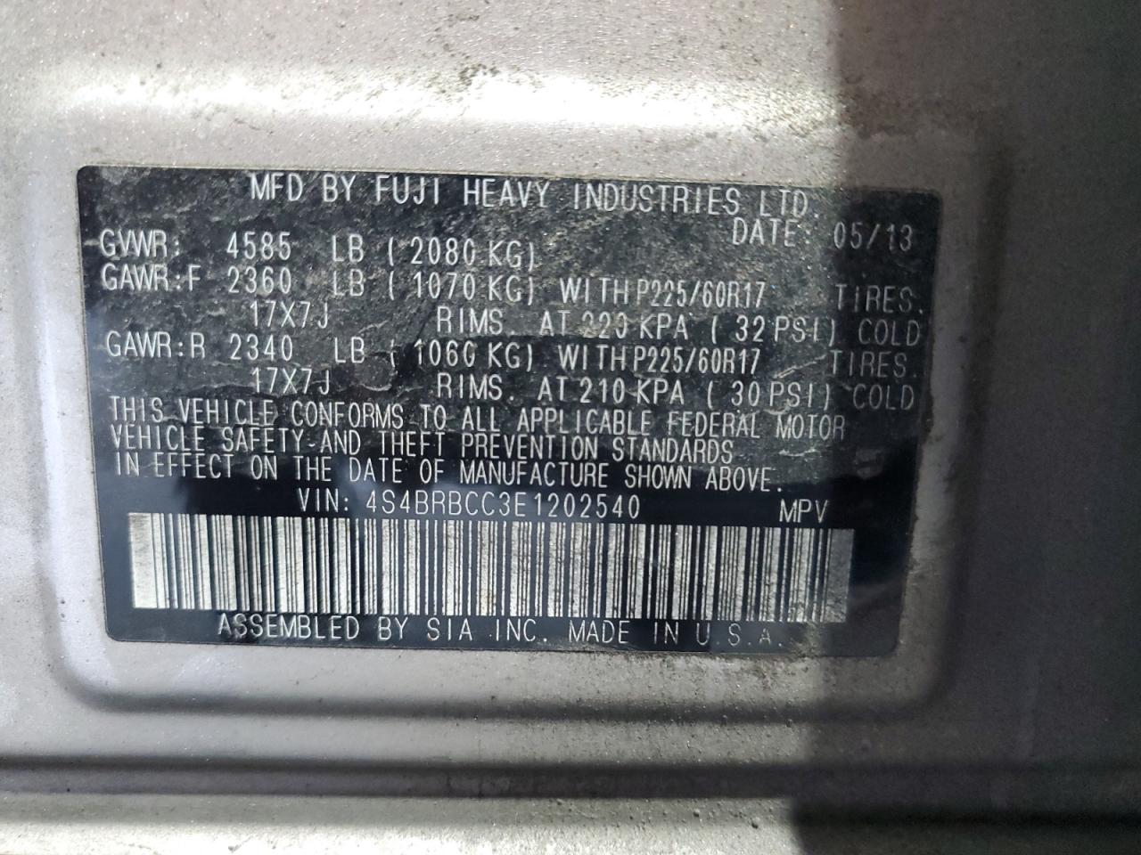2014 Subaru Outback 2.5I Premium VIN: 4S4BRBCC3E1202540 Lot: 84951965