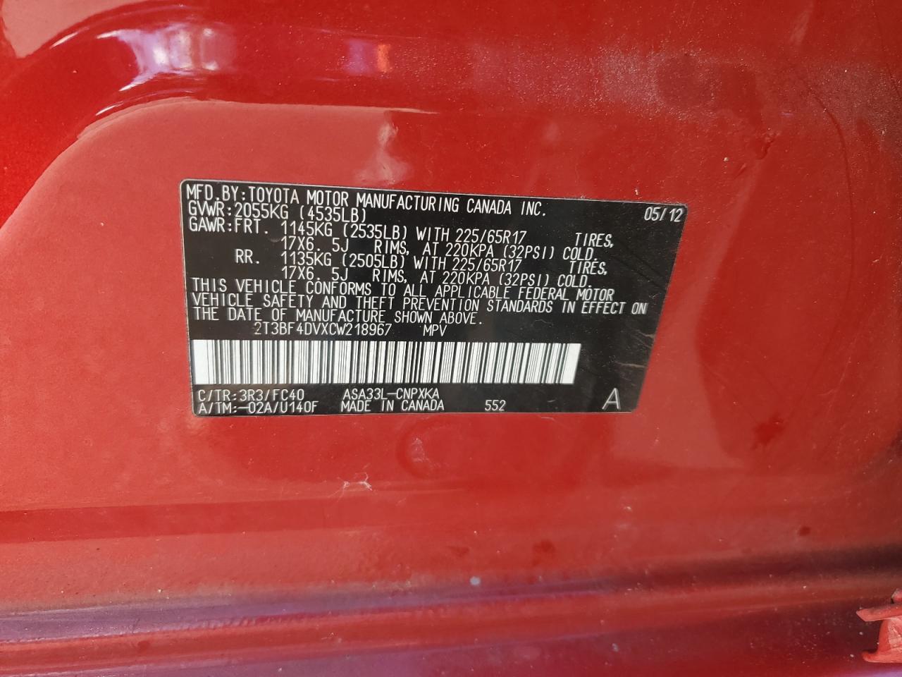 2012 Toyota Rav4 VIN: 2T3BF4DVXCW218967 Lot: 89448015