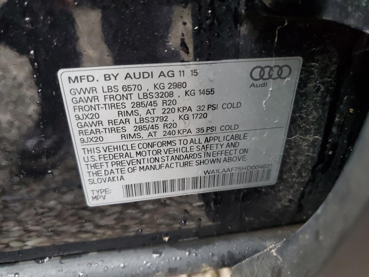 2017 Audi Q7 Premium Plus VIN: WA1LAAF75HD004631 Lot: 85519485