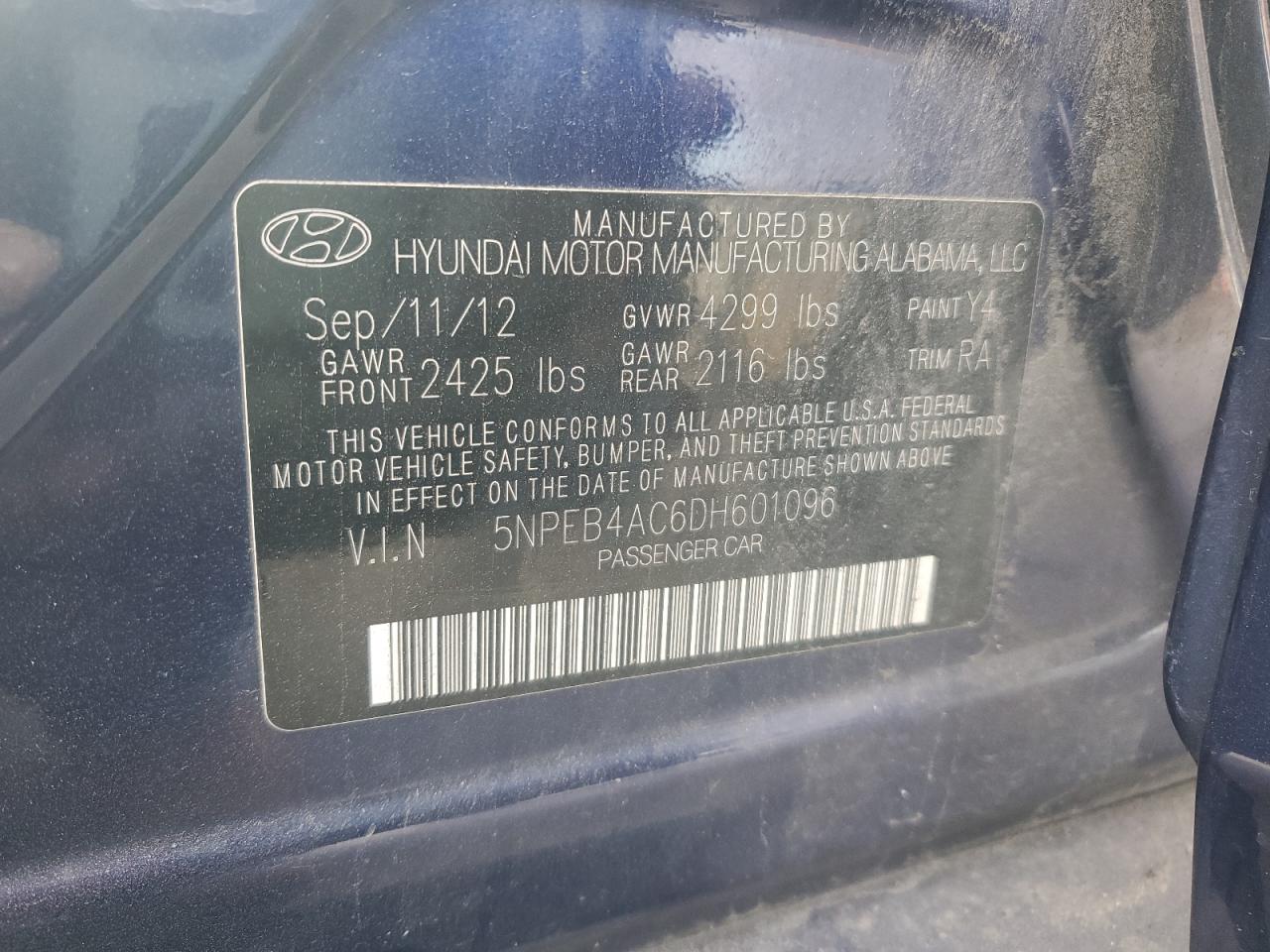 2013 Hyundai Sonata Gls VIN: 5NPEB4AC6DH601096 Lot: 90504065