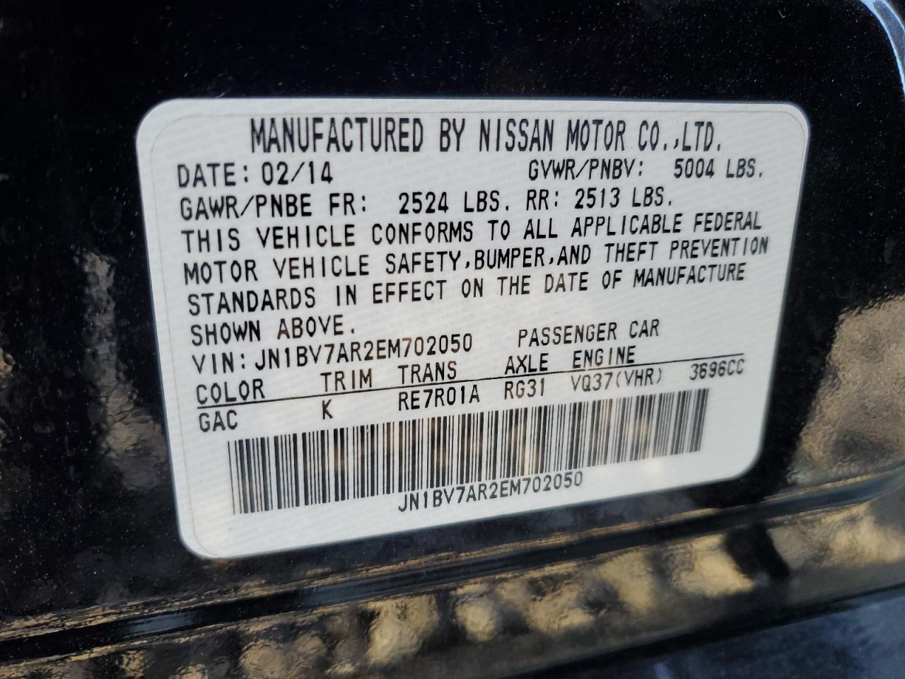 2014 Infiniti Q50 Base VIN: JN1BV7AR2EM702050 Lot: 89905275