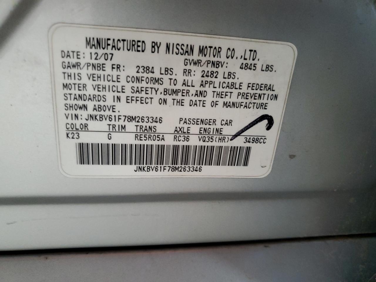 2008 Infiniti G35 VIN: JNKBV61F78M263346 Lot: 82373955