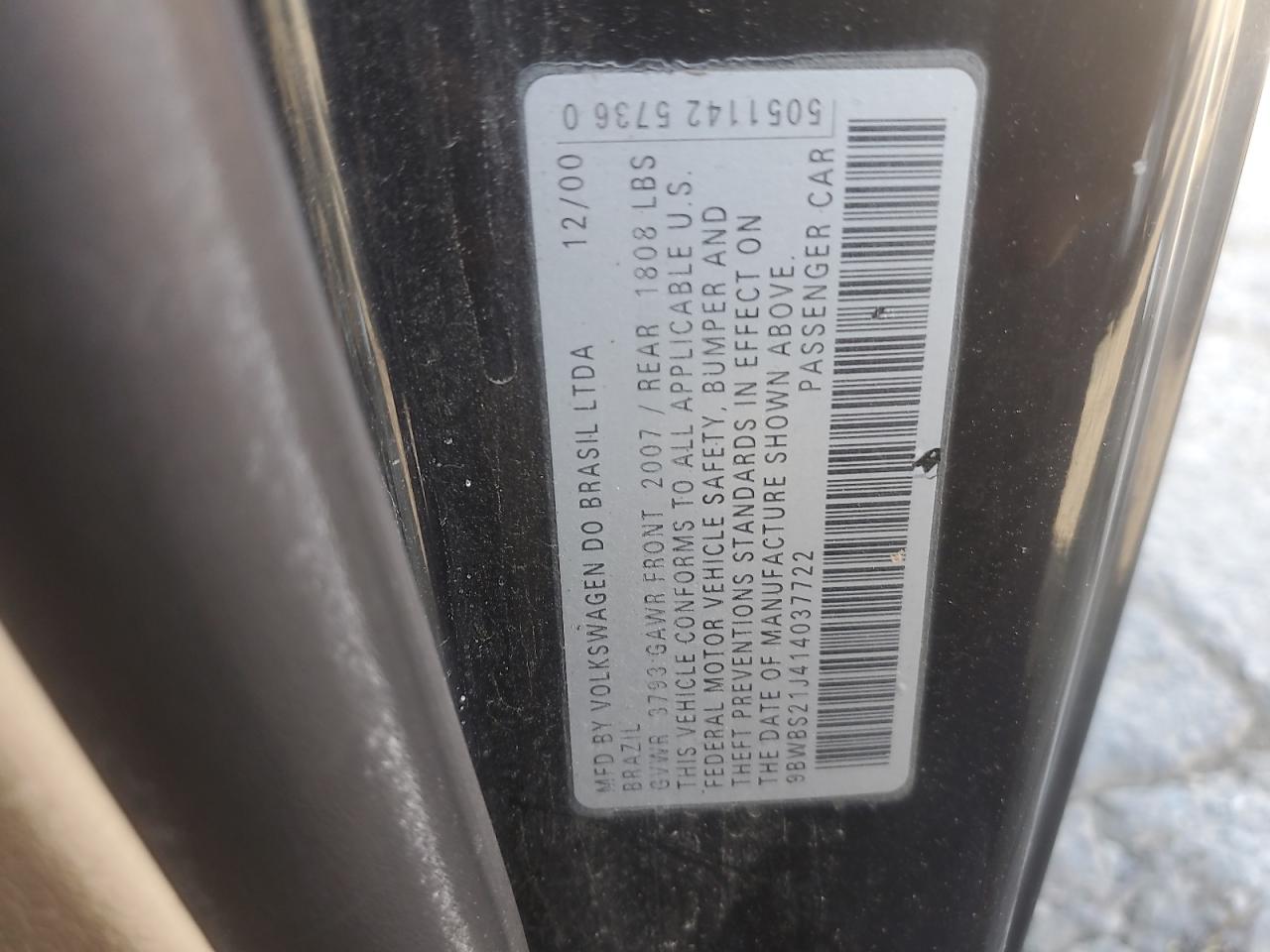 2001 Volkswagen Golf Gl VIN: 9BWBS21J414037722 Lot: 87272095