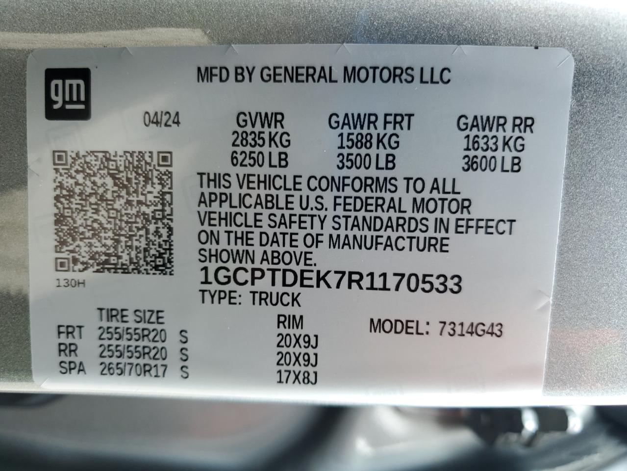 2024 Chevrolet Colorado Z71 VIN: 1GCPTDEK7R1170533 Lot: 84972325