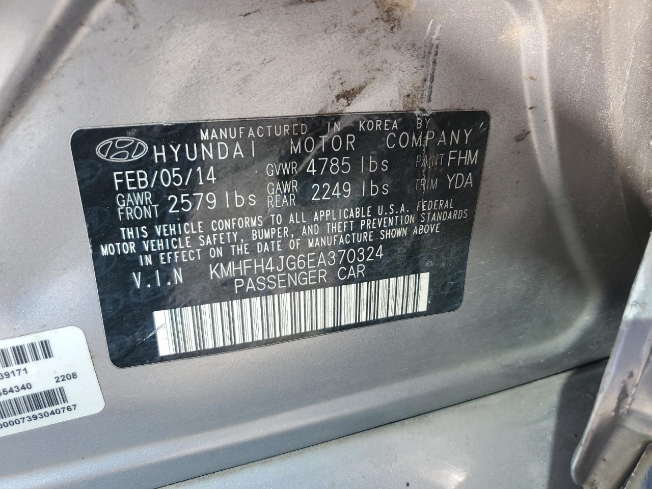 2014 Hyundai Azera Gls VIN: KMHFH4JG6EA370324 Lot: 90270175