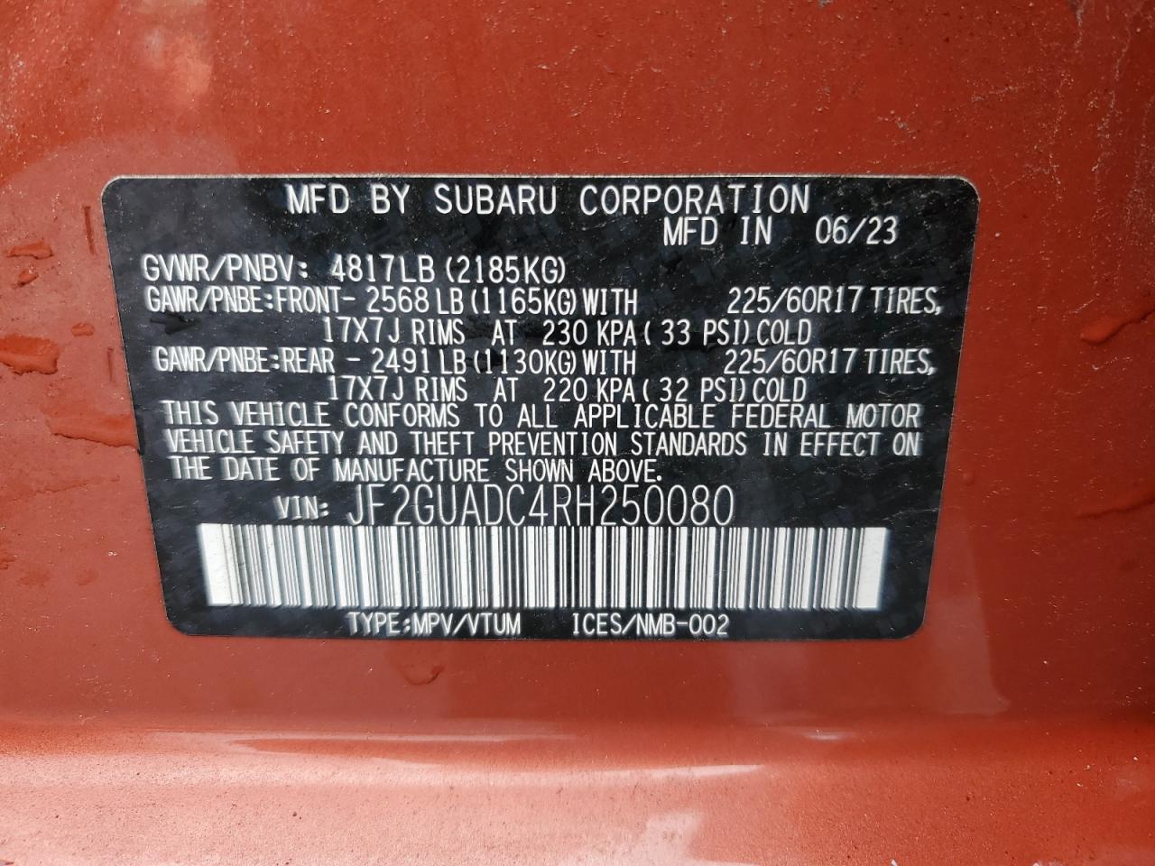 2024 Subaru Crosstrek Premium VIN: JF2GUADC4RH250080 Lot: 85780955