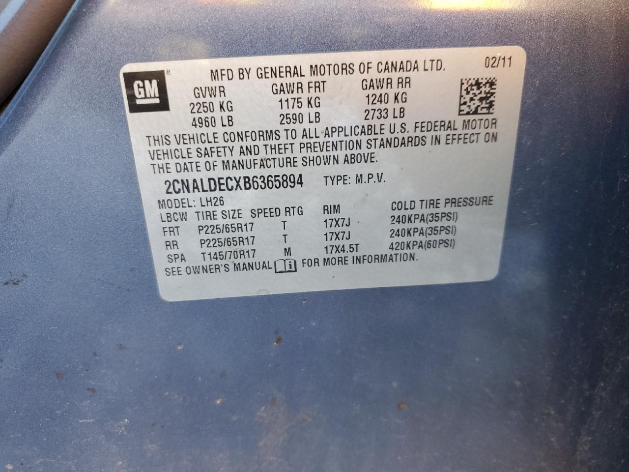 2011 Chevrolet Equinox Lt VIN: 2CNALDECXB6365894 Lot: 82277485